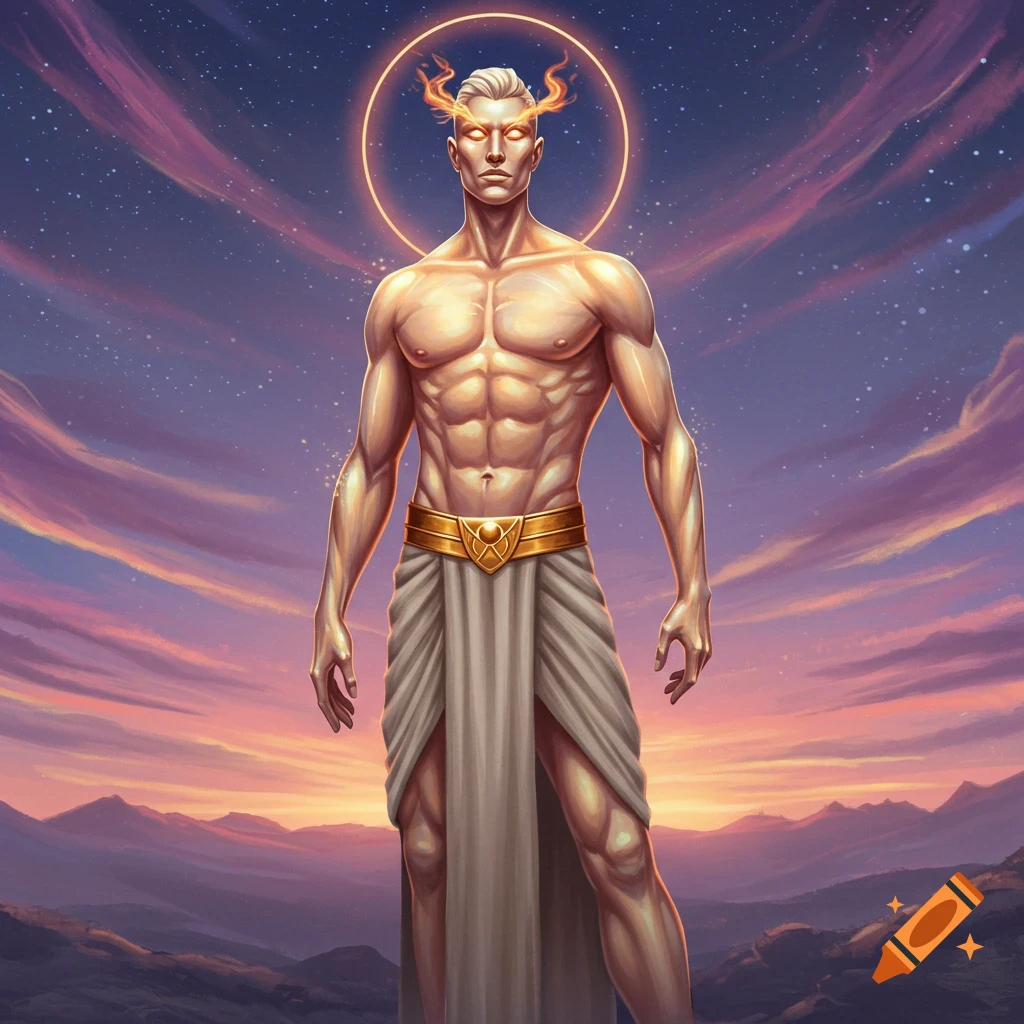 Muscular man with glowing eyes and fiery halo, wearing a white draped cloth and golden belt, standing before a sunset sky with mountains.
