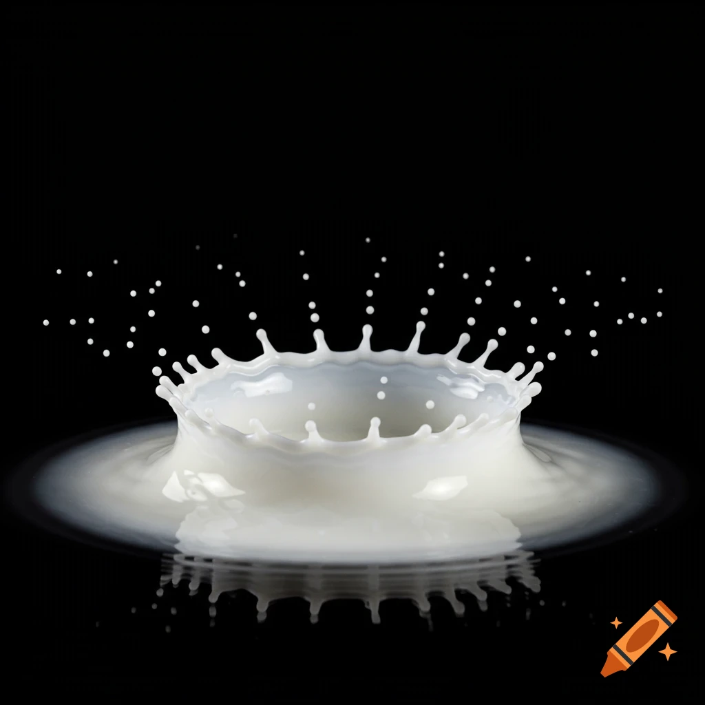 A photorealistic close-up of a milk splash forming a crown, with droplets scattering on a black background.