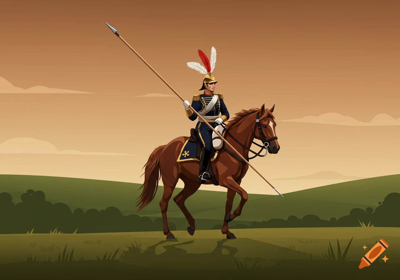 A vector art illustration of a cavalier lancer in uniform riding a trotting brown horse across a grassy field.