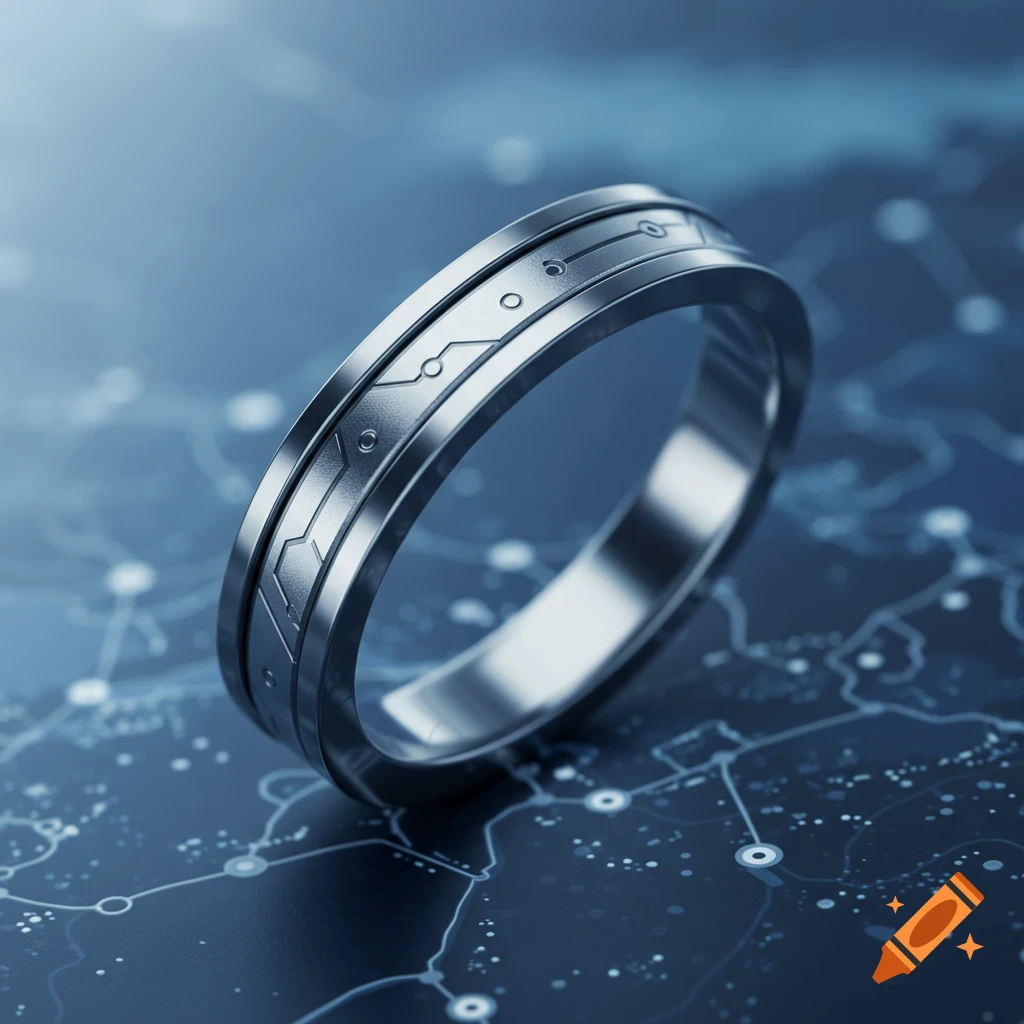 A photorealistic silver ring with a circuit board design resting on a dark blue surface with a glowing network pattern.