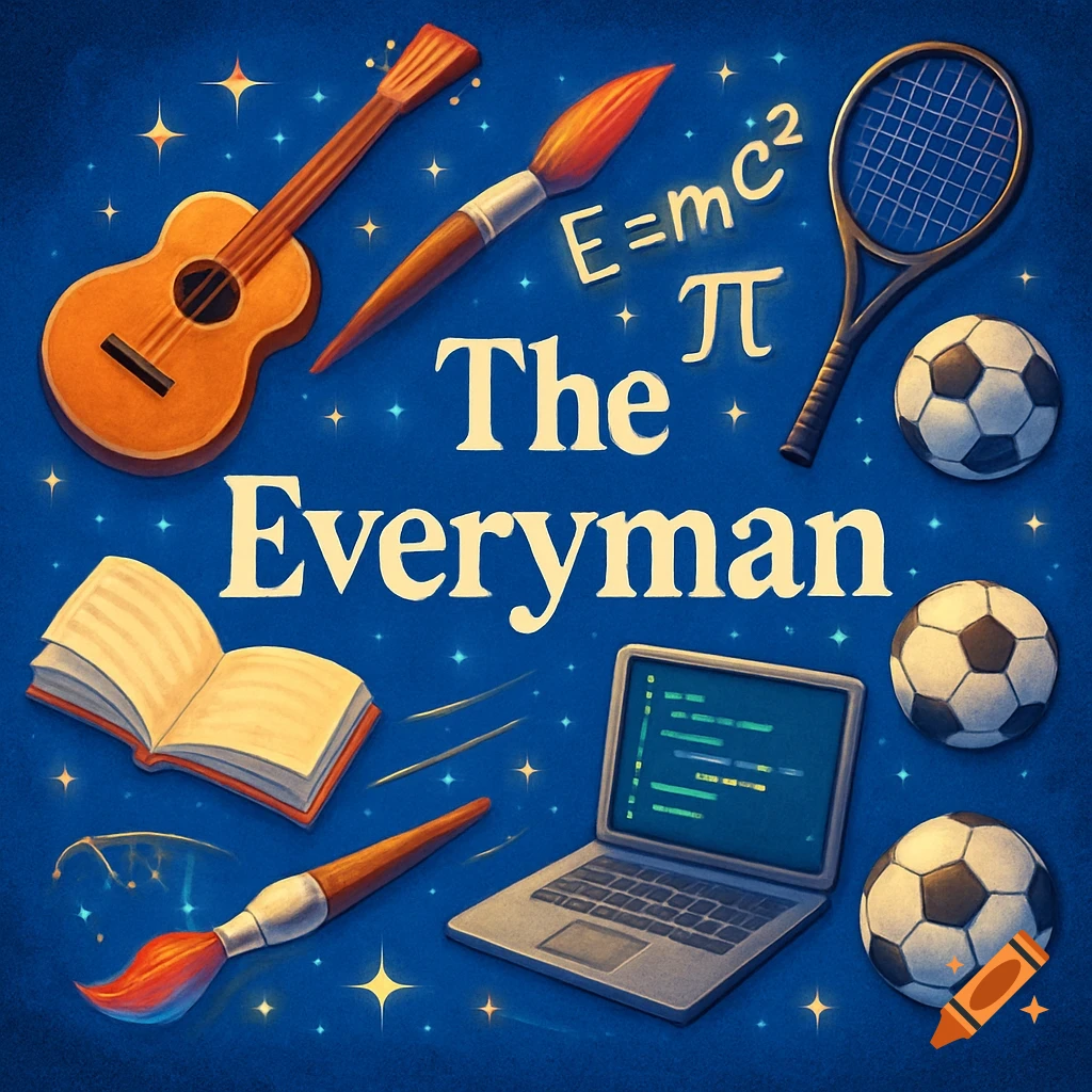 A blue background with stars, surrounded by various hobby items like a guitar, paintbrush, book, laptop, tennis racket, soccer balls, and scientific formulas, with 'The Everyman' text in the center.