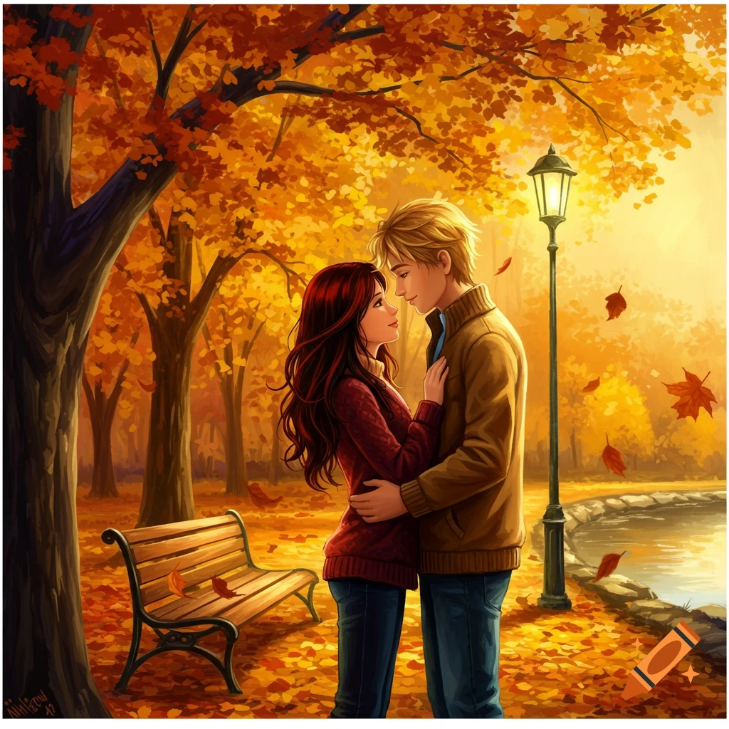 An illustrated couple embracing in an autumn park with orange leaves on trees and ground, a bench, and a pond.