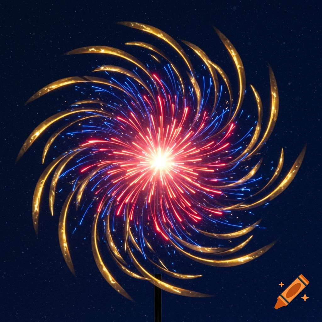 A vibrant, swirling abstract design resembling a firework, with red, blue, and gold elements radiating from a bright center against a dark blue background.