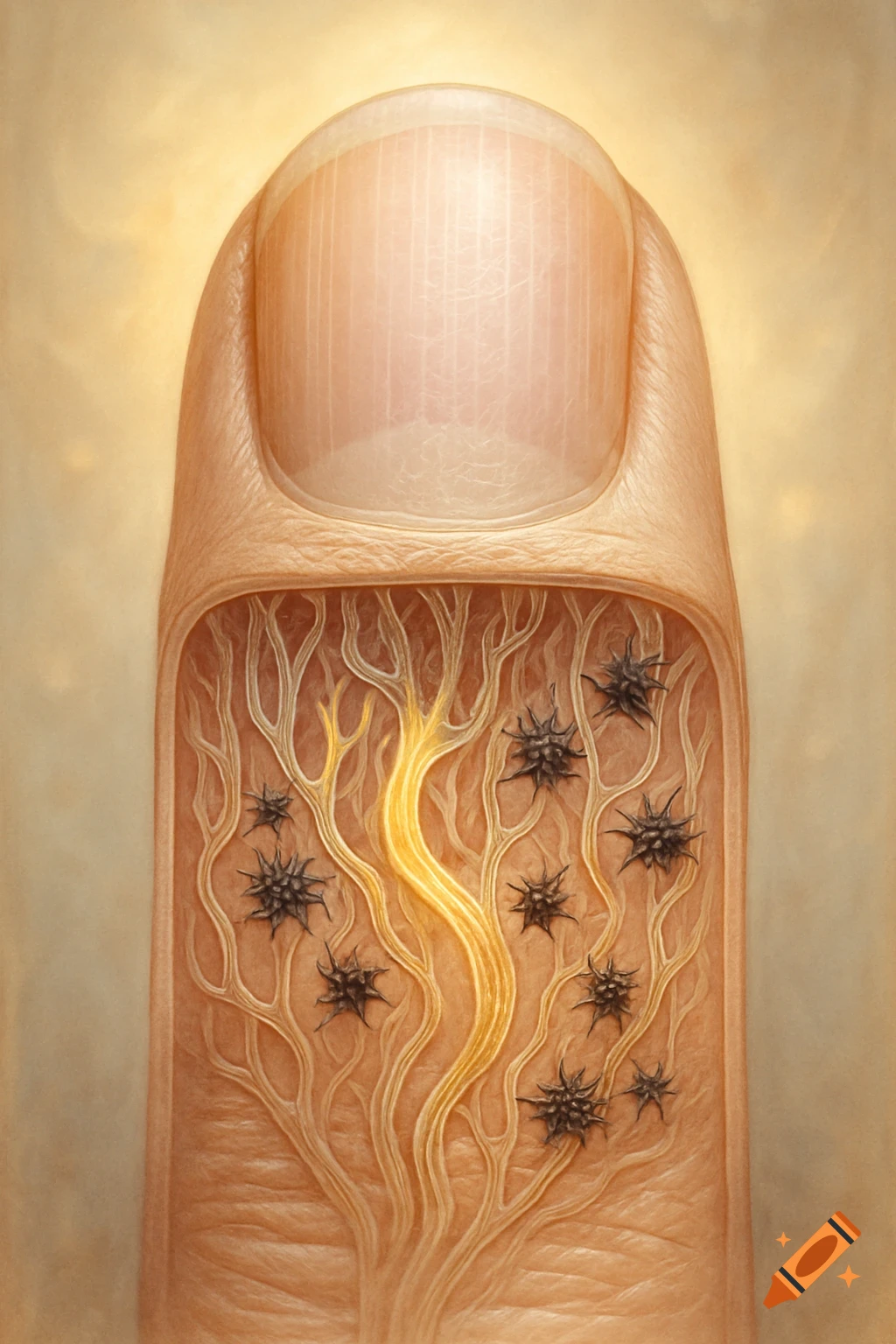 A hyper-detailed ethereal medical illustration showing a cross-section of a human fingertip with the nail bed, delicate glowing tubes, and dark thorny microclots.