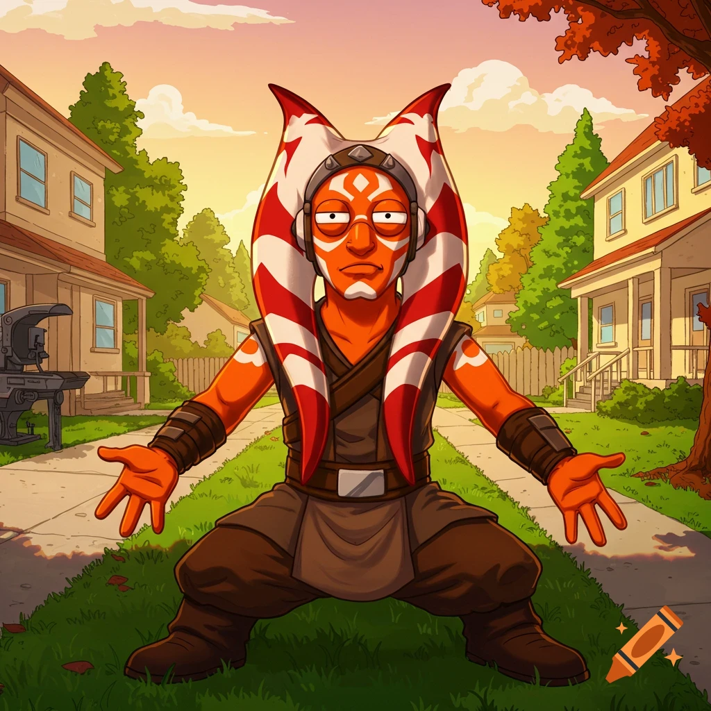 Cartoon Togruta character from Star Wars in a Family Guy style death pose, squatting on a suburban lawn.