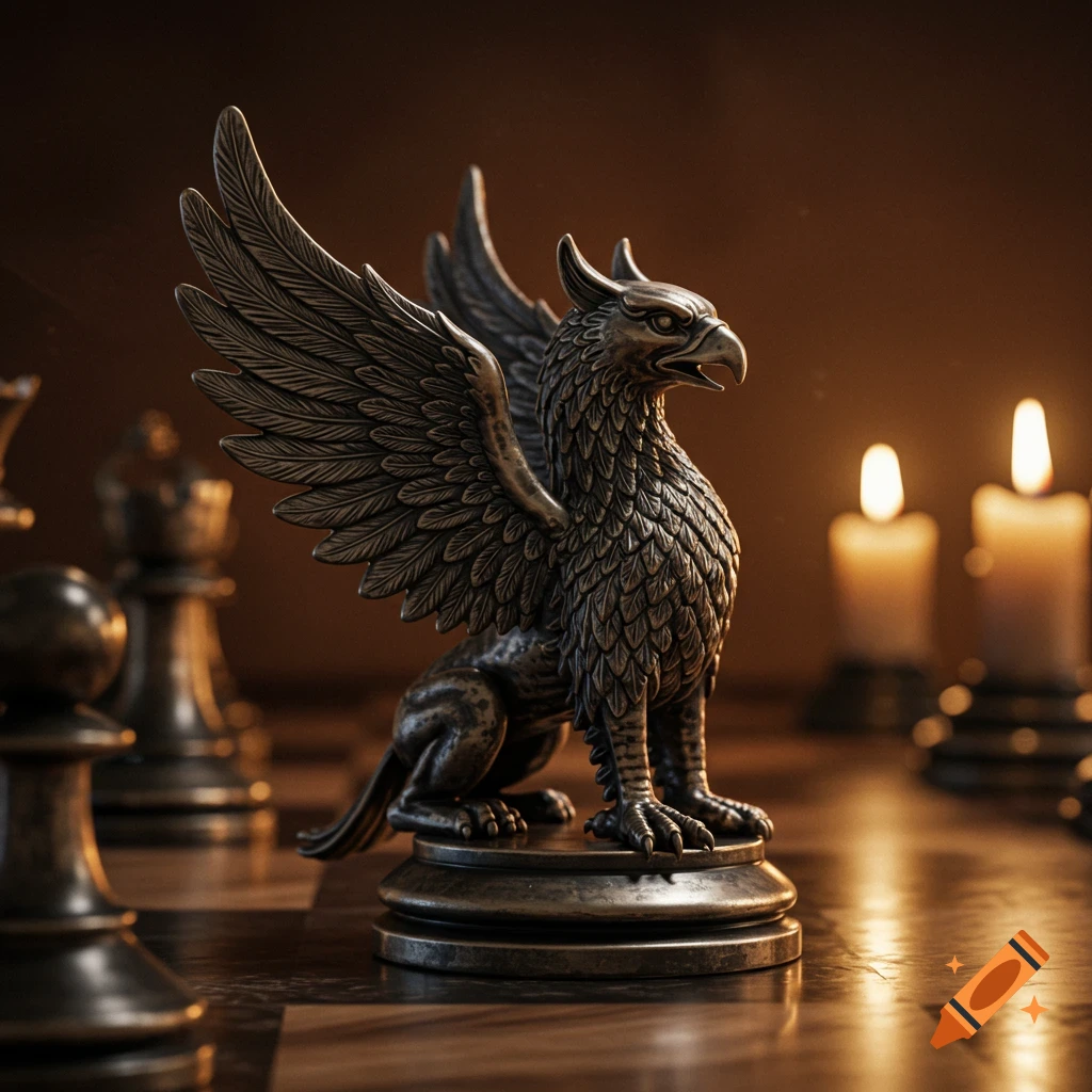 Photorealistic bronze gryffin chess piece on a chessboard, with blurred candles in the background.