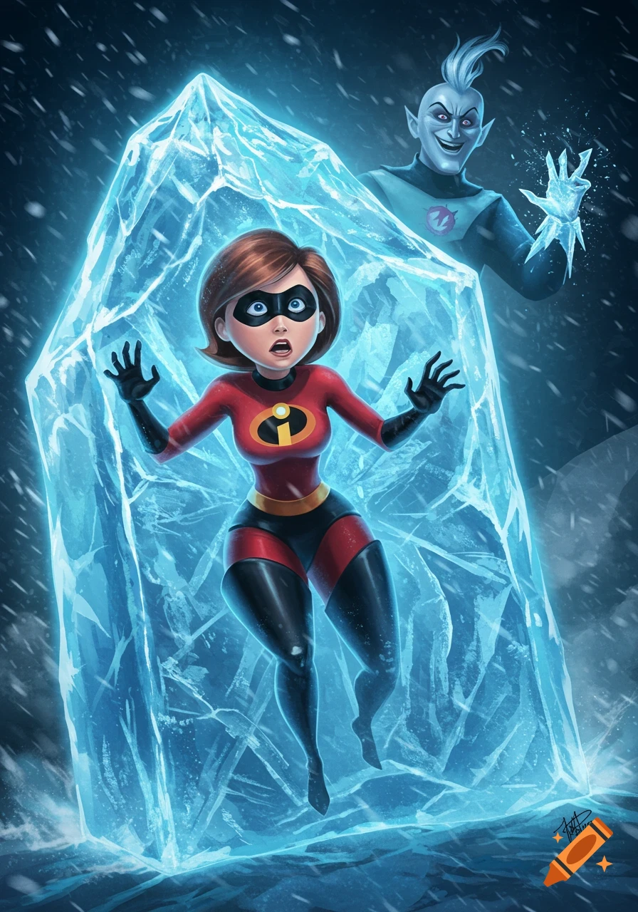 Elastigirl, the superheroine, is trapped inside a large glowing blue ice block while the villain Syndrome looms menacingly behind her in a snowy setting.