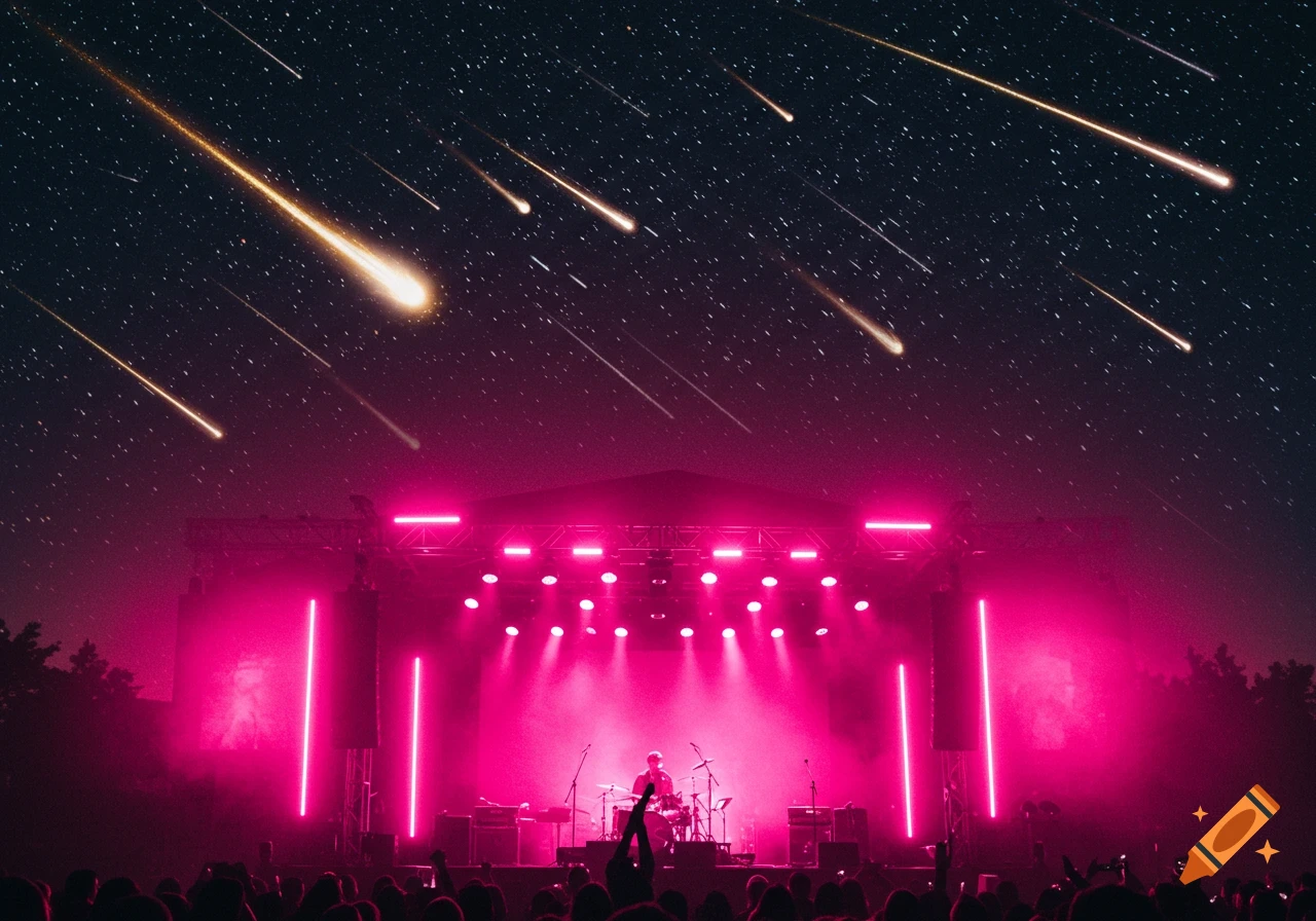A photorealistic image of a concert stage bathed in pink lights, with a starry night sky above showing a dramatic meteor shower.