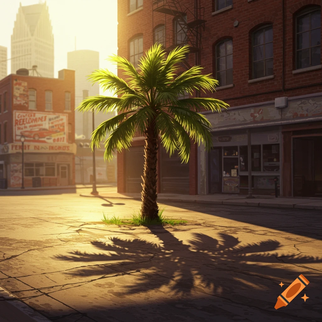 A vibrant palm tree stands in the middle of a sunlit urban street in front of brick buildings.