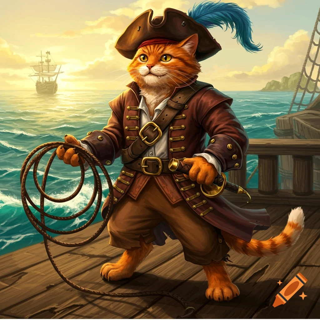 An orange anthropomorphic cat in a pirate costume stands on a ship's deck, holding a coiled rope and a sword, with a ship on the sea.