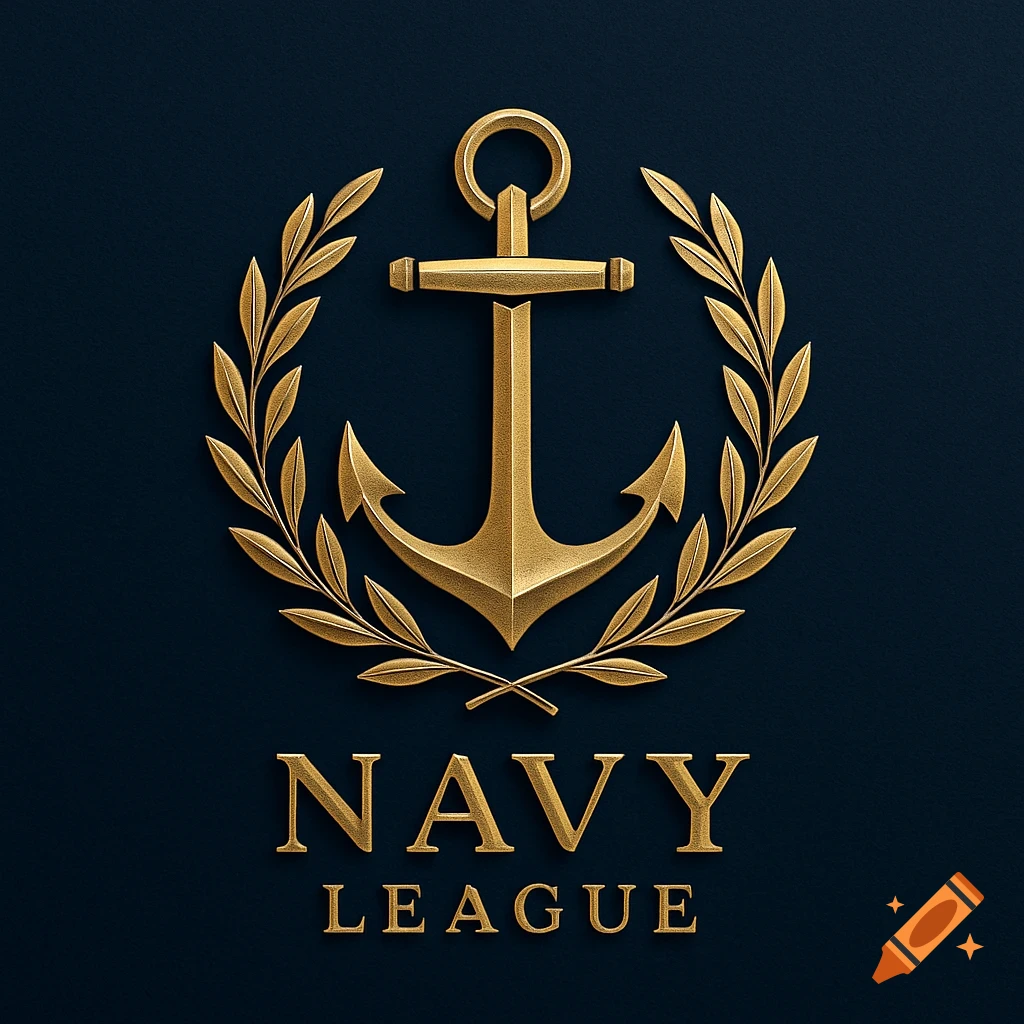 A gold anchor and laurel wreath emblem with the words "NAVY LEAGUE" on a dark blue background.