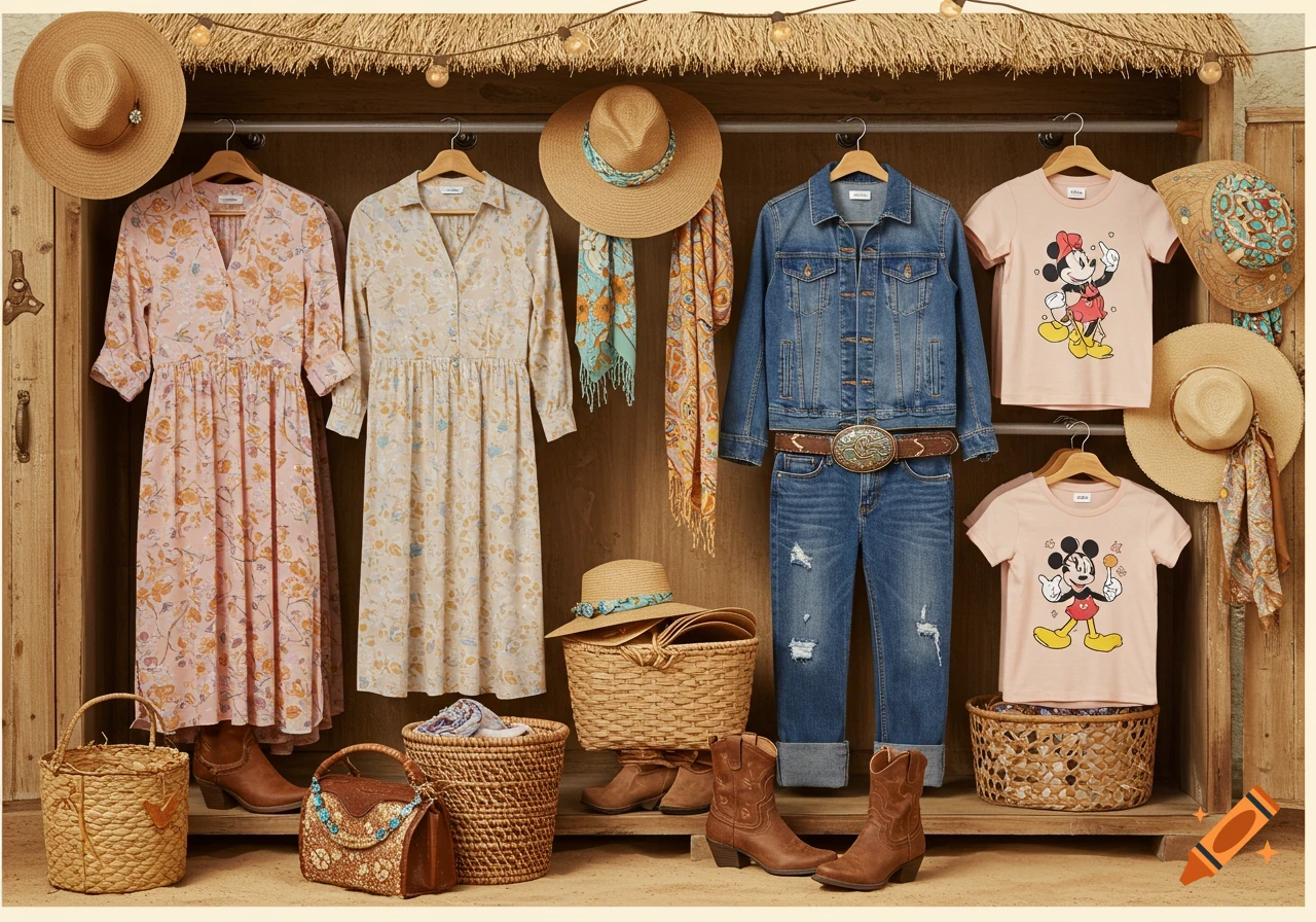 A rustic wardrobe display features a collection of women's and children's clothing with western, boho, and floral styles. Items include two floral dresses, a denim jacket with jeans, two Mickey Mouse t-shirts, cowboy hats, scarves, wicker baskets, and cowboy boots.