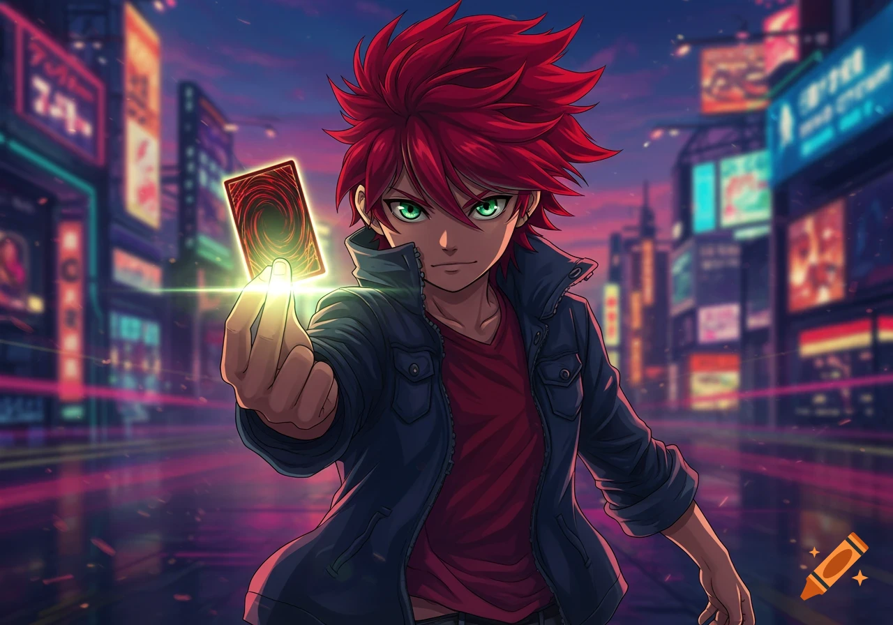 An anime boy with red hair and green eyes holds a glowing trading card in a neon-lit city street at dusk.