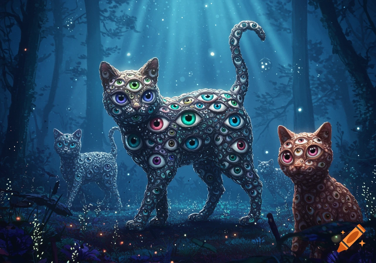 Surreal cats covered in multiple colorful eyes stand in a mystical, moonlit forest.