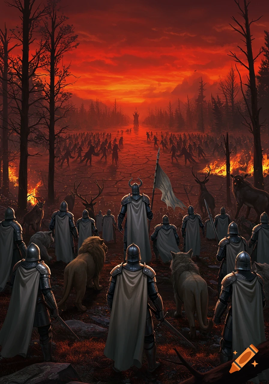 Rear view of silver-armored warriors with cloaks and animals in a burning forest, facing a distant shadow army under a blood-red sky. Epic fantasy digital painting.