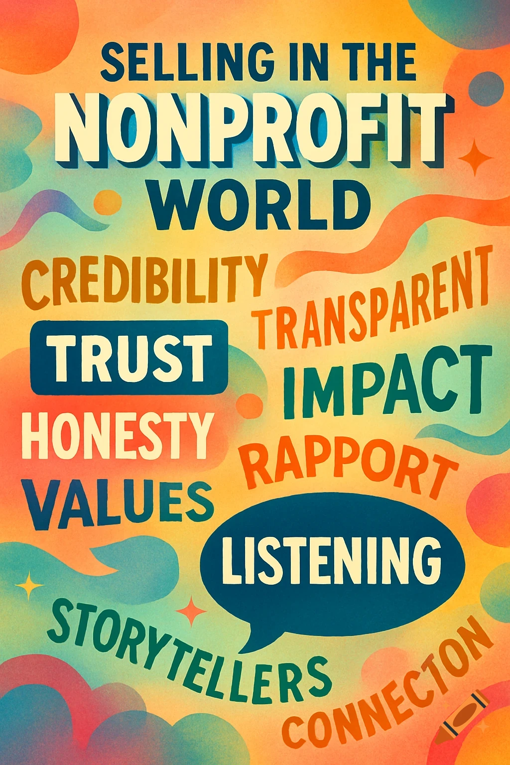 A colorful retro-style poster with words like 'Selling in the Nonprofit World', 'Trust', 'Impact', 'Listening', and 'Storytellers' in various fonts.
