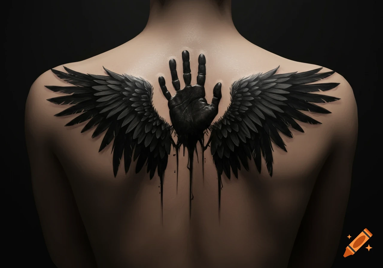 A stylized black tattoo on a person's back depicting a handprint forming abstract wings with dripping paint.