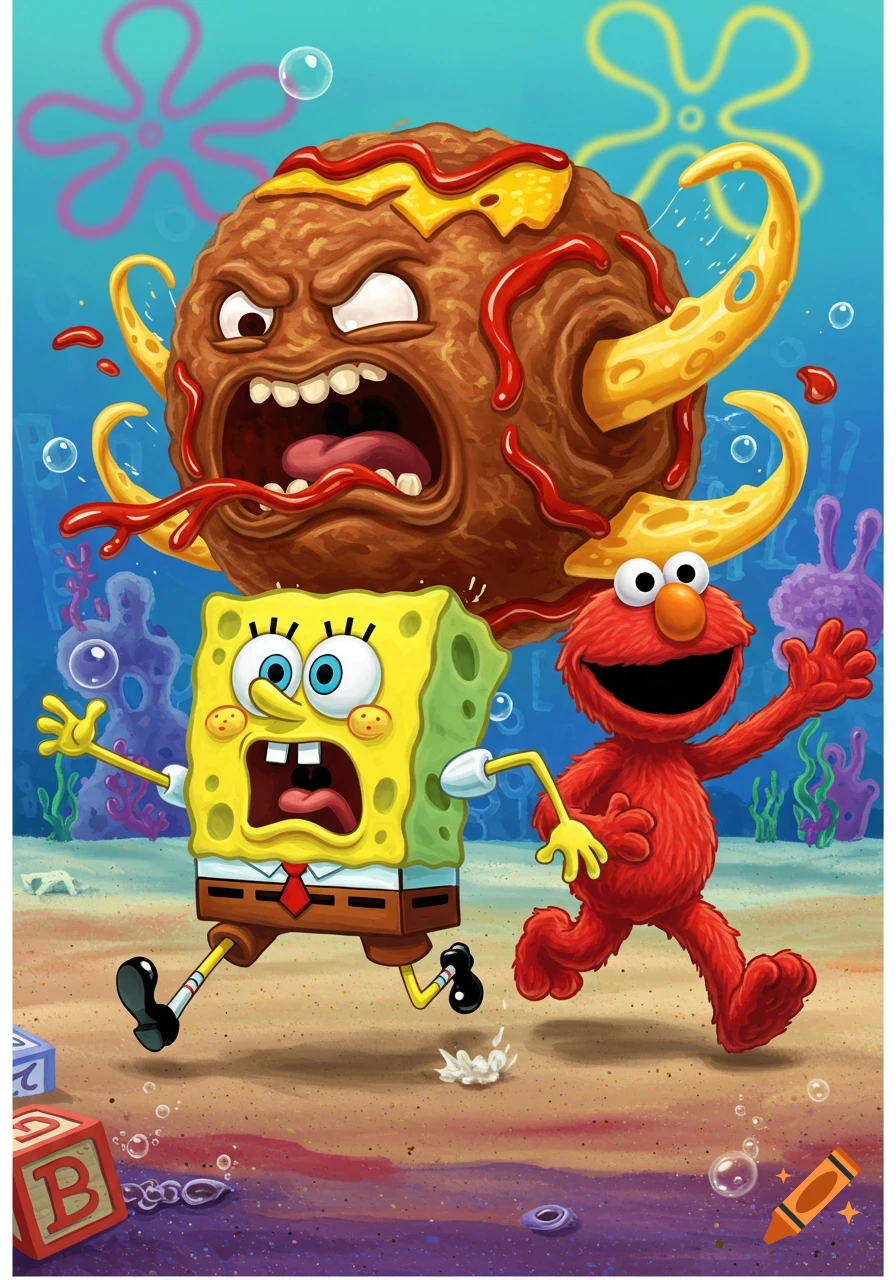A cartoon illustration of a frightened SpongeBob and Elmo running underwater from an angry, monstrous meatball with cheese horns and ketchup.