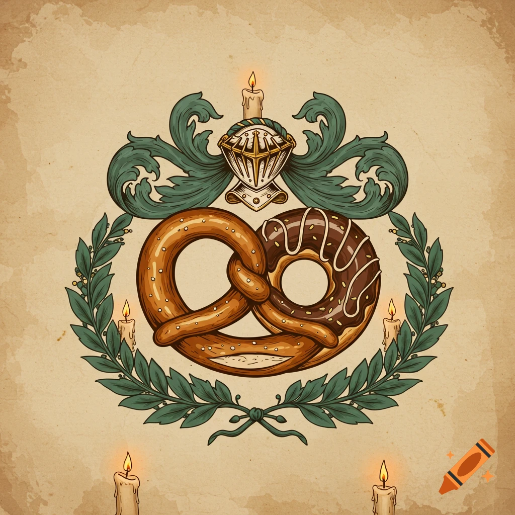 A stylized family crest with a knight's helmet, ornate green foliage, a pretzel, a chocolate donut, and candles on a textured vintage background.