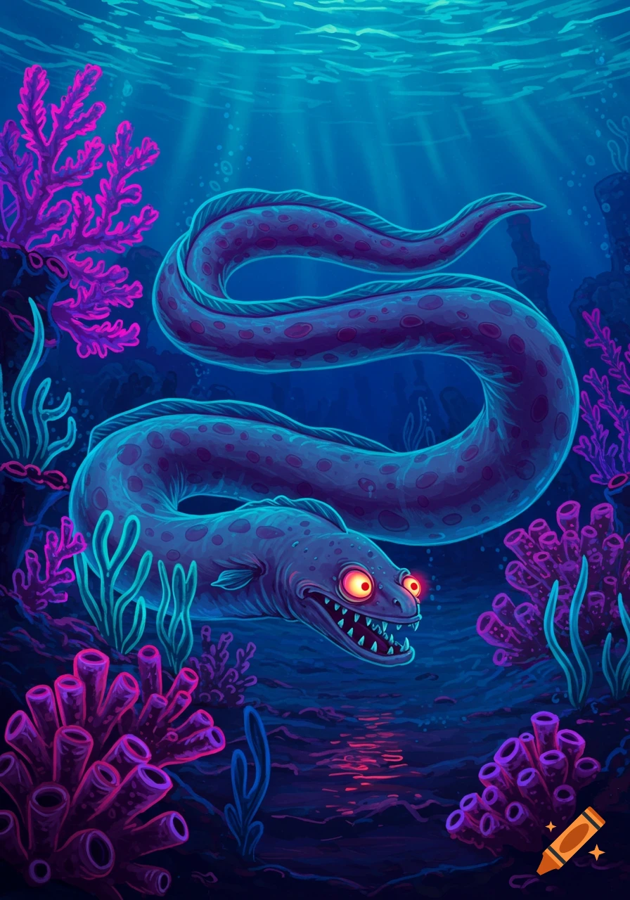 A purple, spooky-looking eel with red eyes swims through a neon underwater world with glowing pink and blue coral.