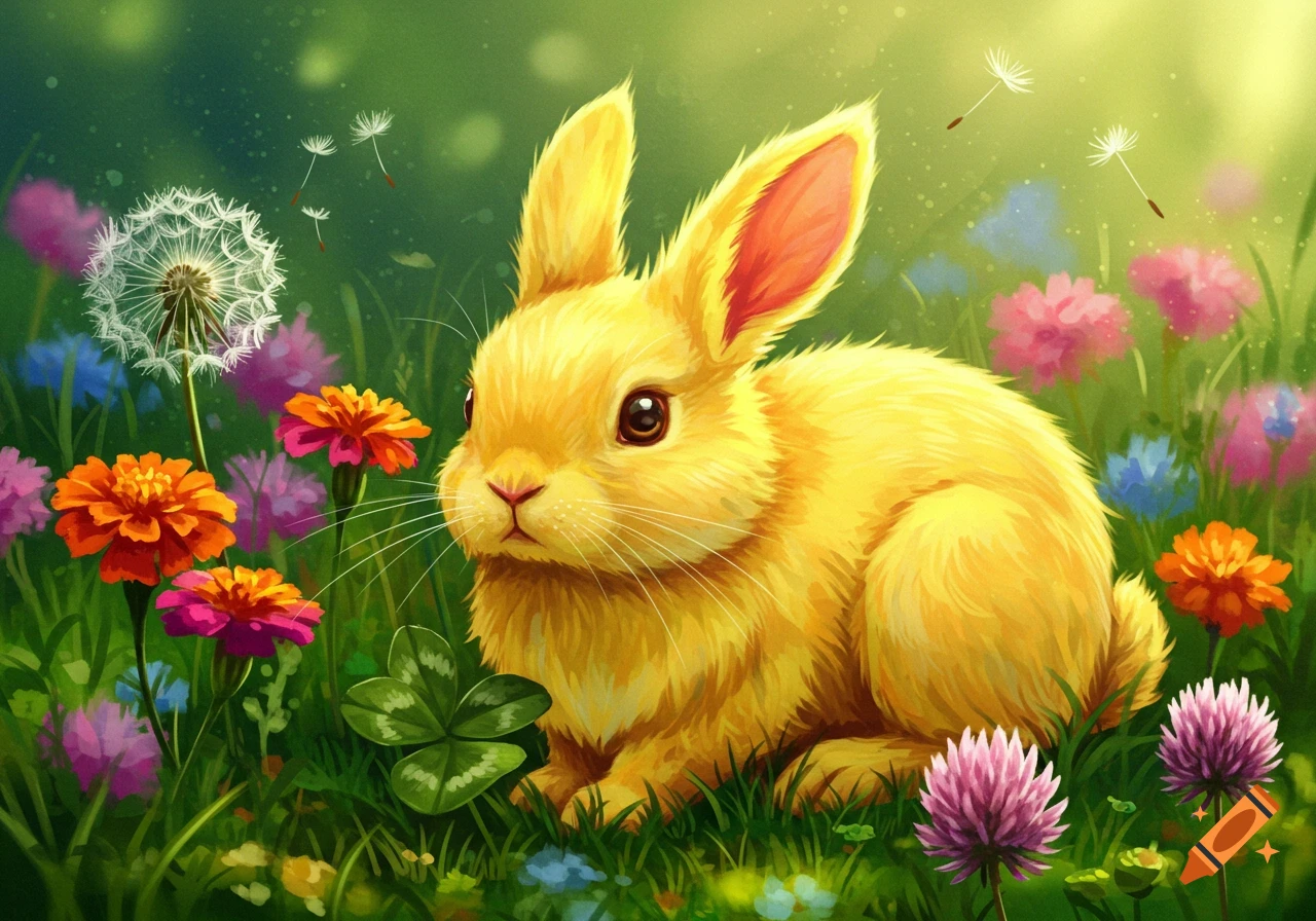 A yellow rabbit sits in a vibrant green field filled with colorful flowers and dandelions in a digital art style.