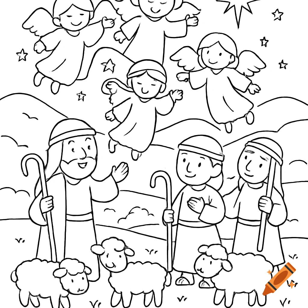Coloring book illustration of angels announcing news to shepherds and sheep on a hillside under a starry sky.