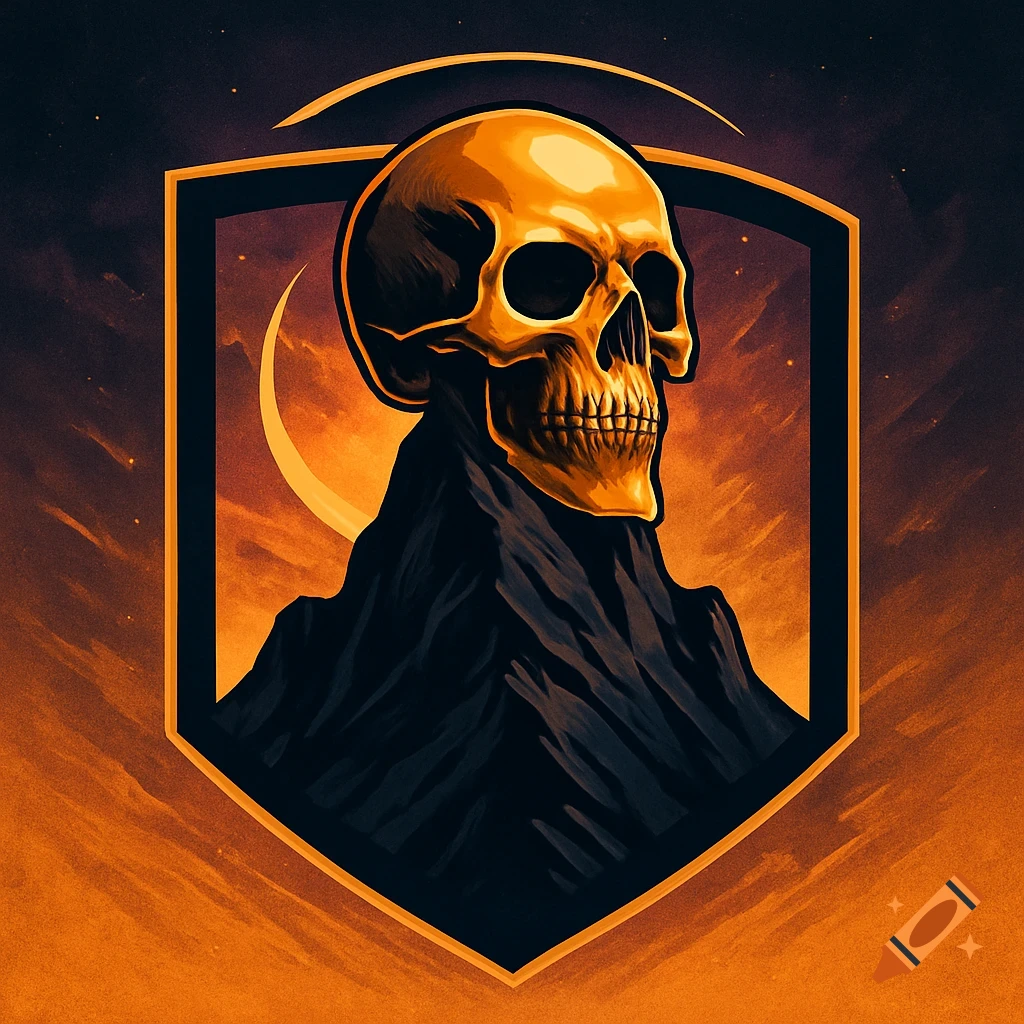 A stylized golden skull rests on a black mountain within a shield logo, set against an orange and dark starry sky.