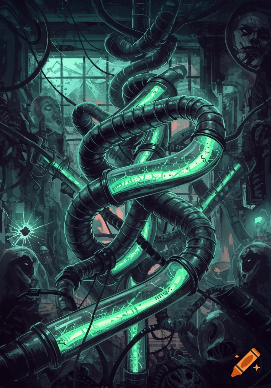 A dark, intricate illustration of glowing green tubes intertwined with wires, machinery, and distorted, shadowy figures in a grim, industrial setting.