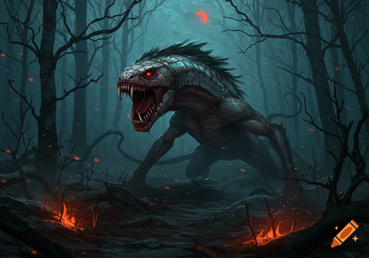 A monstrous creature with glowing red eyes and sharp teeth stands in a dark, eerie forest with a red moon and fiery ground. Digital art style.