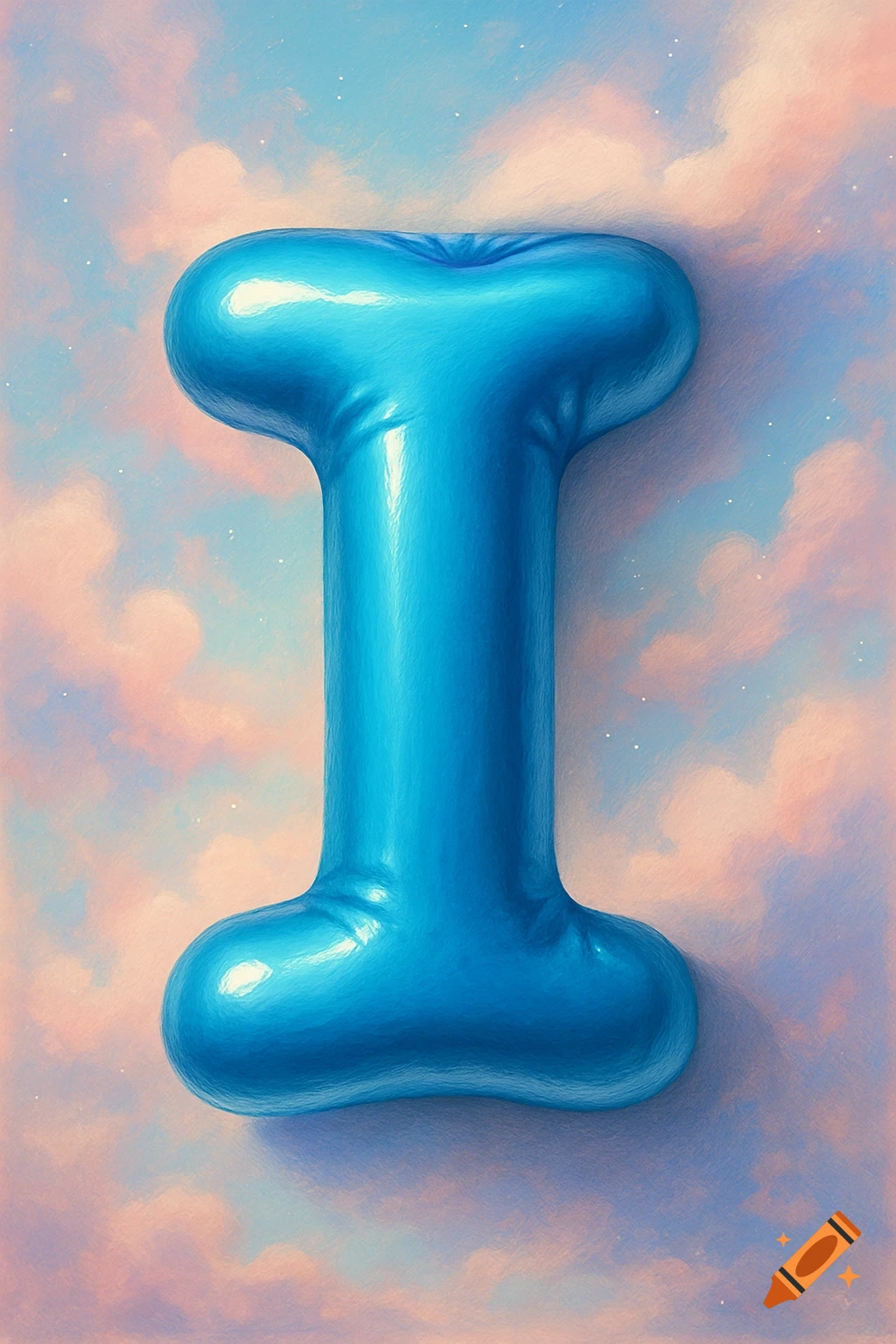 A blue balloon shaped like the capital letter I, appearing smooshed, against a soft, pastel cloud background.
