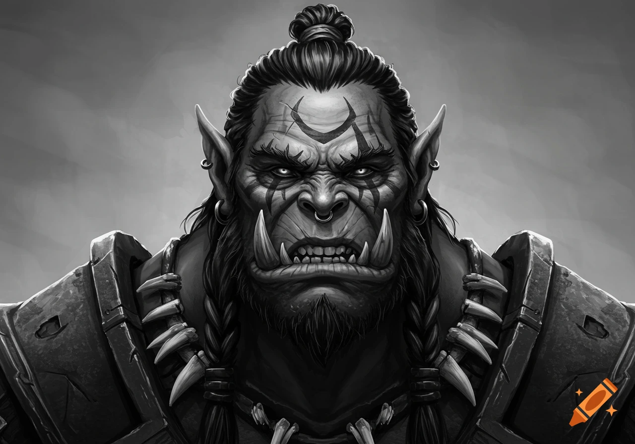 A black and white portrait of an orc with a bun, braids, and prominent tusks.
