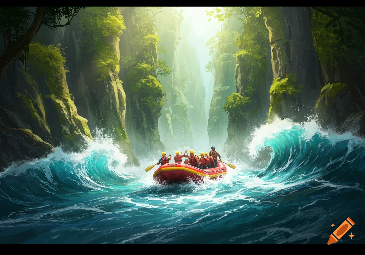 A red raft with several people white water rafting down a river in a lush, green canyon, illustrated in a digital painting style.
