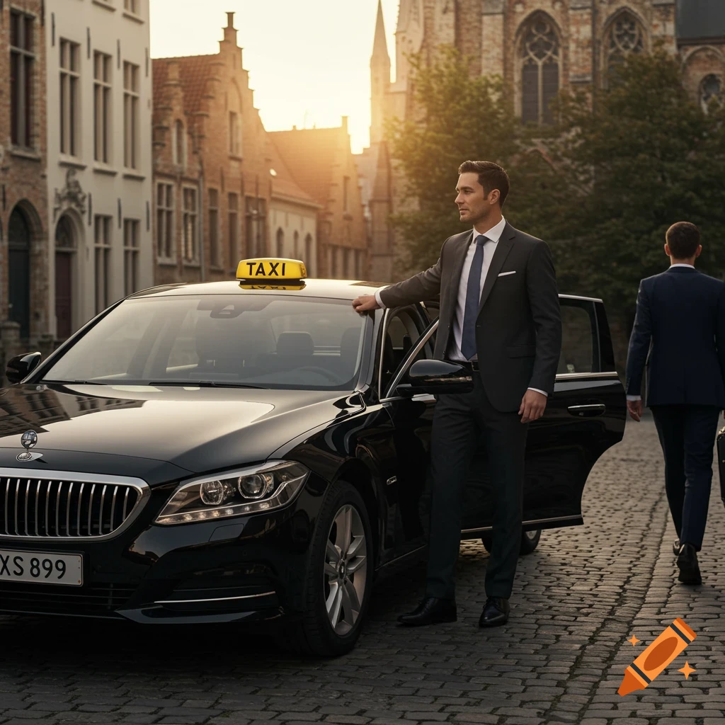 A man in a suit holds open a black taxi's door on a cobblestone street at sunset in a European city.