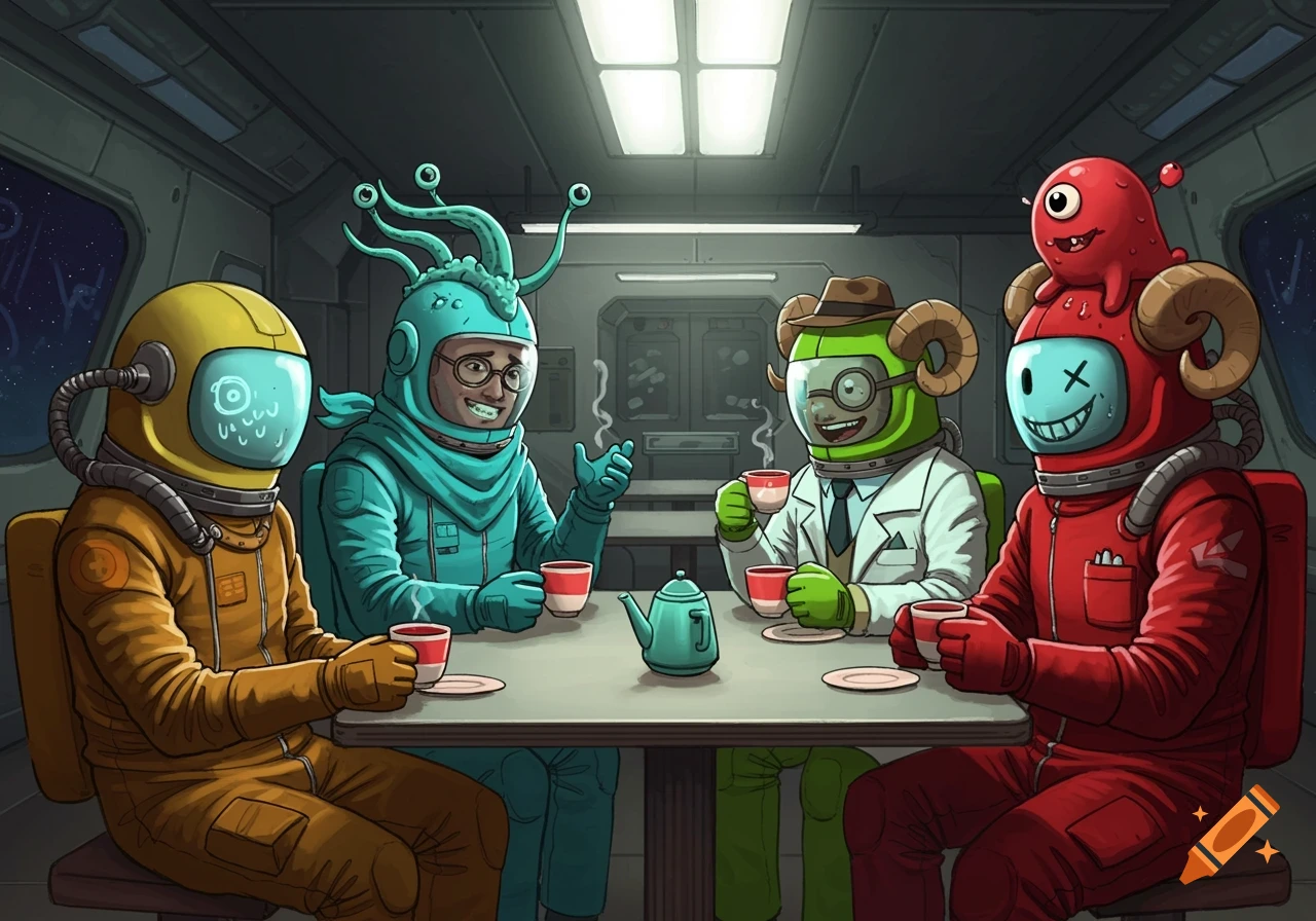 Four Among Us inspired characters in detailed space suits, each with unique hats, sit around a table drinking tea in a spaceship cafeteria.