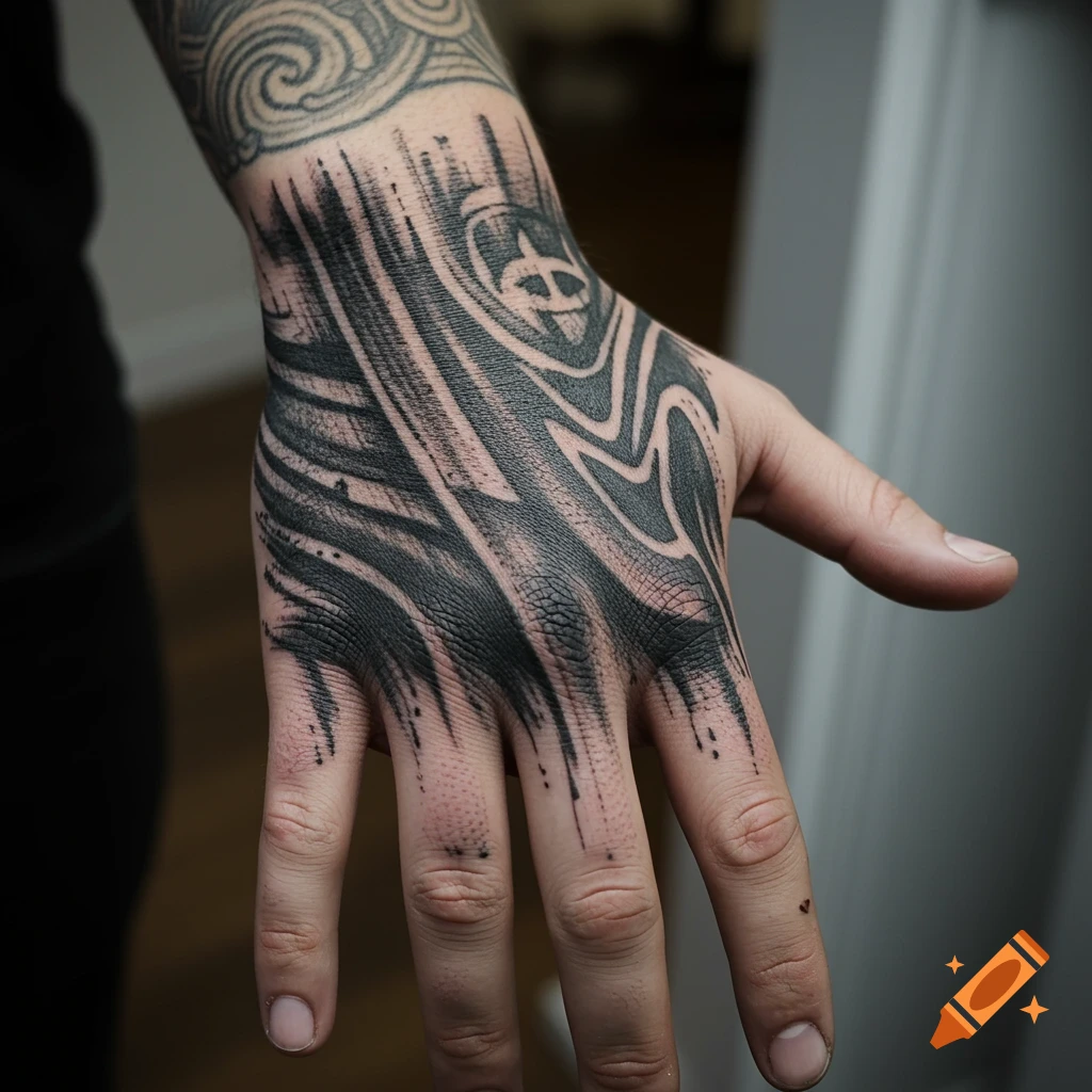 Close-up of a hand with a black abstract tattoo resembling charcoal chalk marks, covering the back of the hand and fingers.
