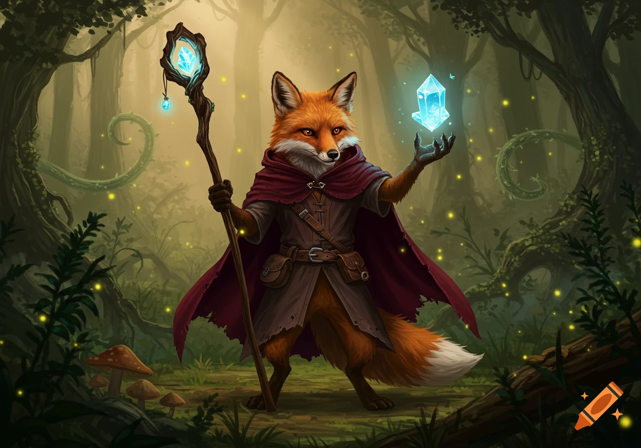 An anthropomorphic fox warlock holds a staff and glowing crystal in an enchanted forest, fantasy illustration.