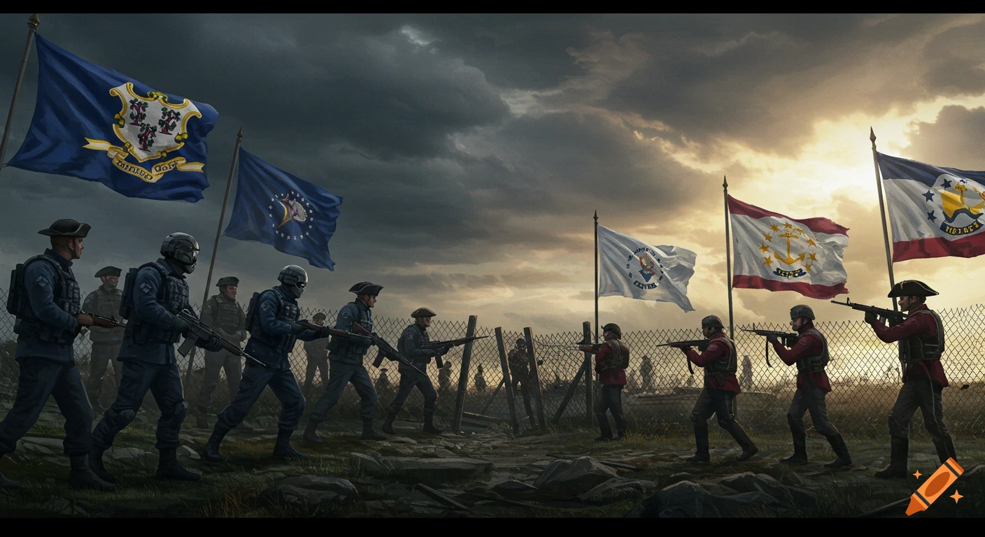 A dramatic scene depicts soldiers in blue and red uniforms facing each other across a fence border, under state flags of Connecticut and Rhode Island, at sunset.