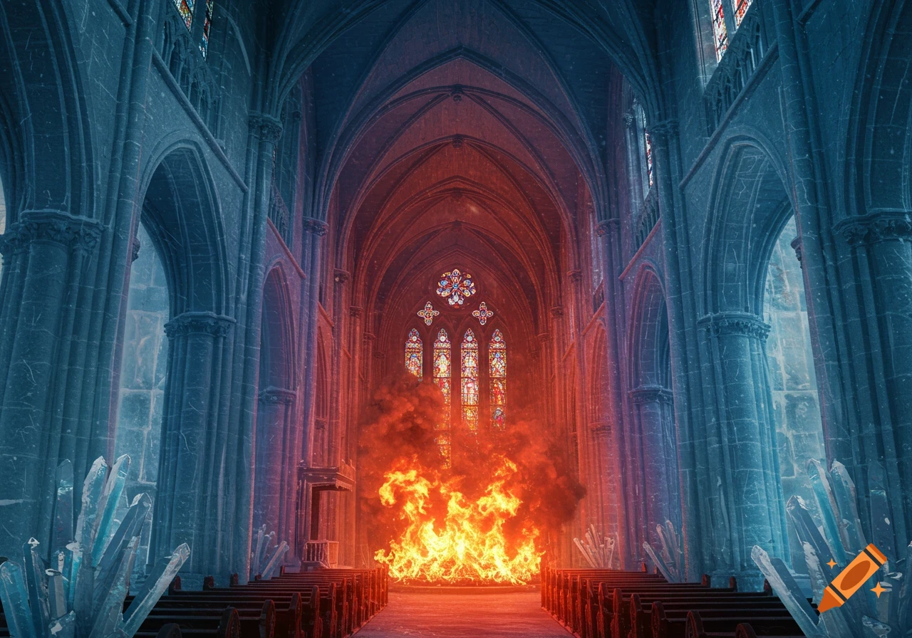 A gothic church interior divided by ice and fire, with icy blue pillars and crystals on one side and an inferno on the other, beneath stained glass windows.