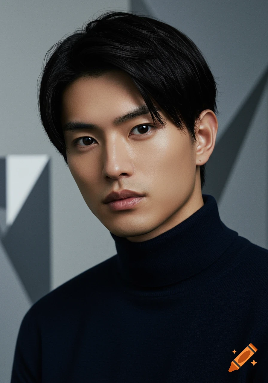 Close-up portrait of a young man with black hair wearing a navy turtleneck sweater against a gray geometric background.