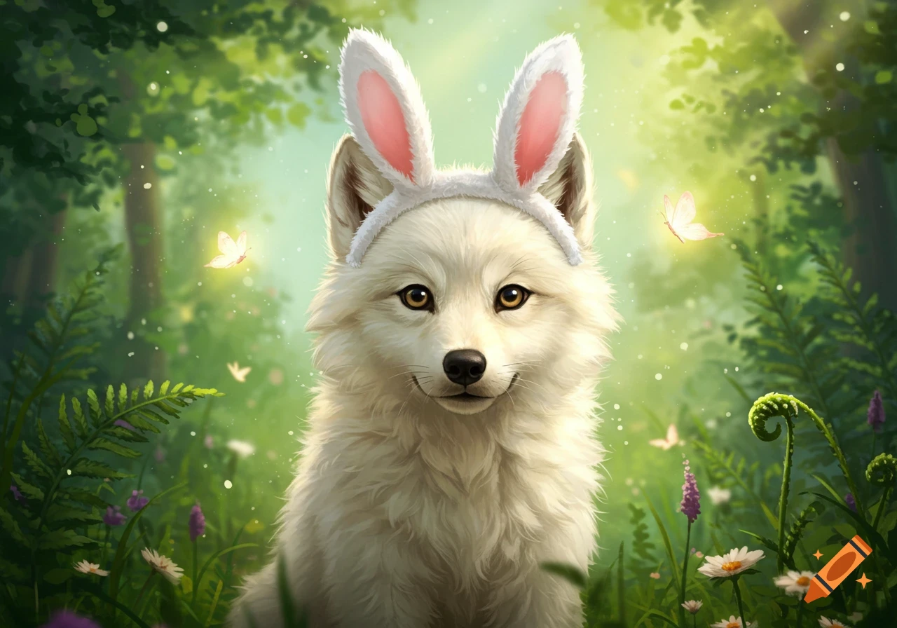 An adorable white wolf wearing fluffy pink and white bunny ears smiles in a vibrant, sunlit fantasy forest with butterflies.