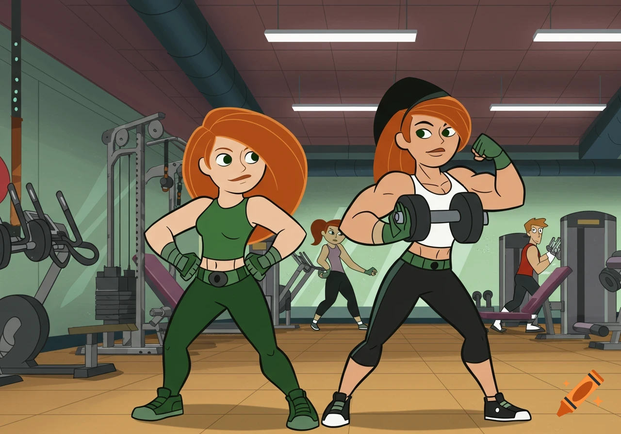 Kim Possible and a muscular woman, likely her mother, pose and flex their biceps in a cartoon gym setting.