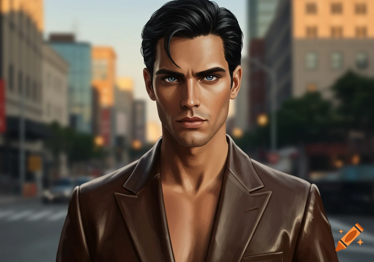 Handsome man with dark blue eyes and black hair, wearing an open brown leather suit in a city setting.