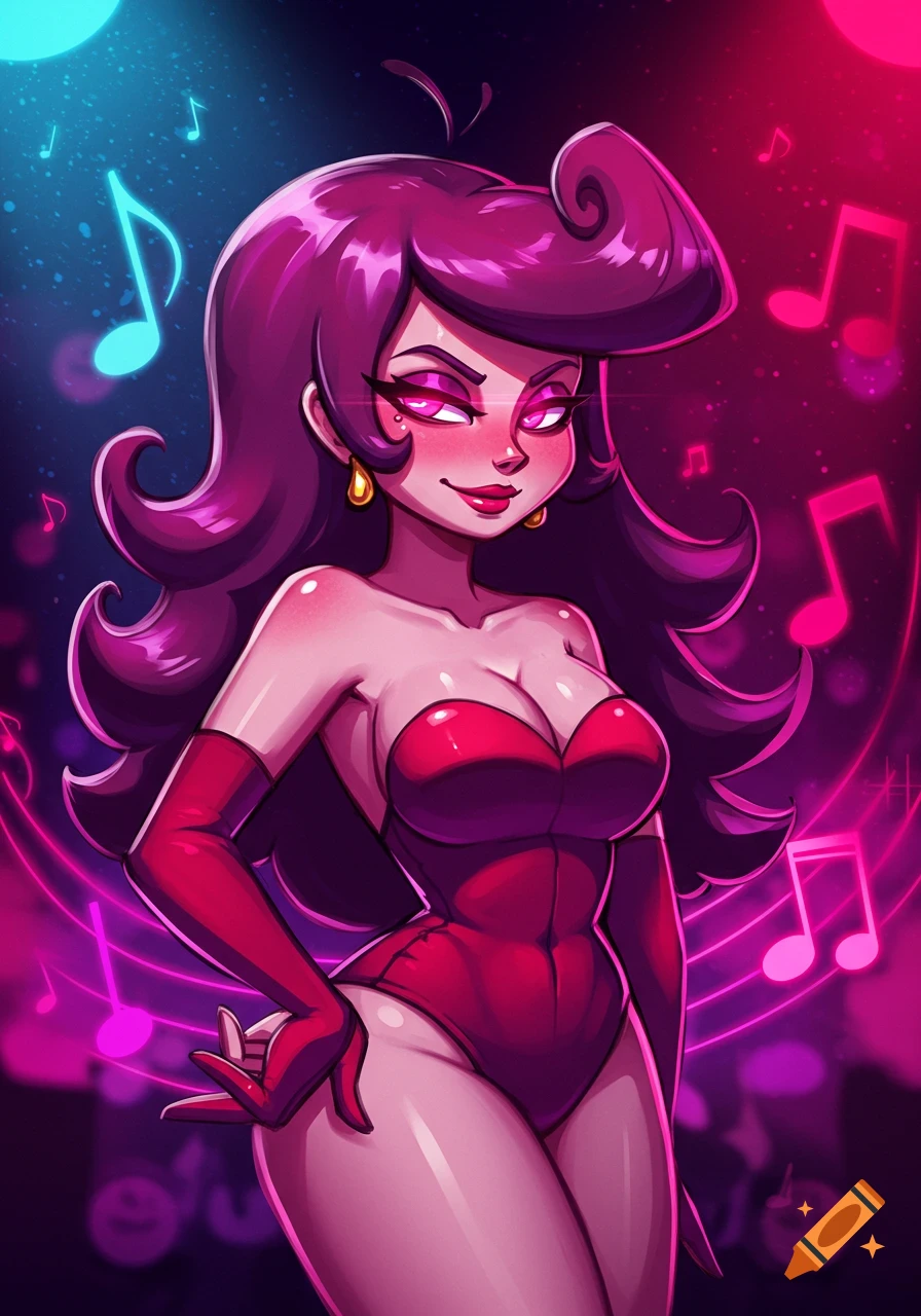 A stylized cartoon illustration of a woman with long purple hair, red leotard, and gloves, surrounded by glowing musical notes.