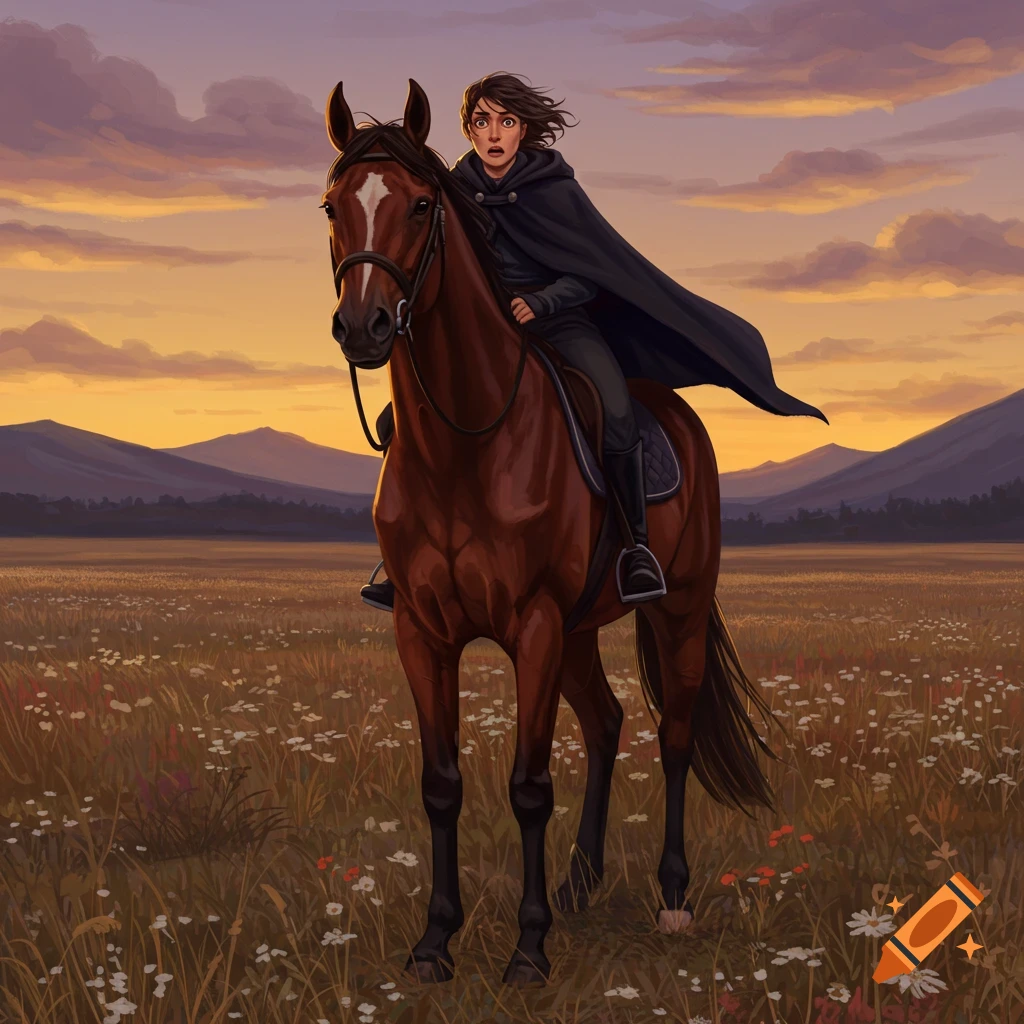 An illustrated person with a dark cape on a brown horse, looking surprised in a grassy field at sunset.