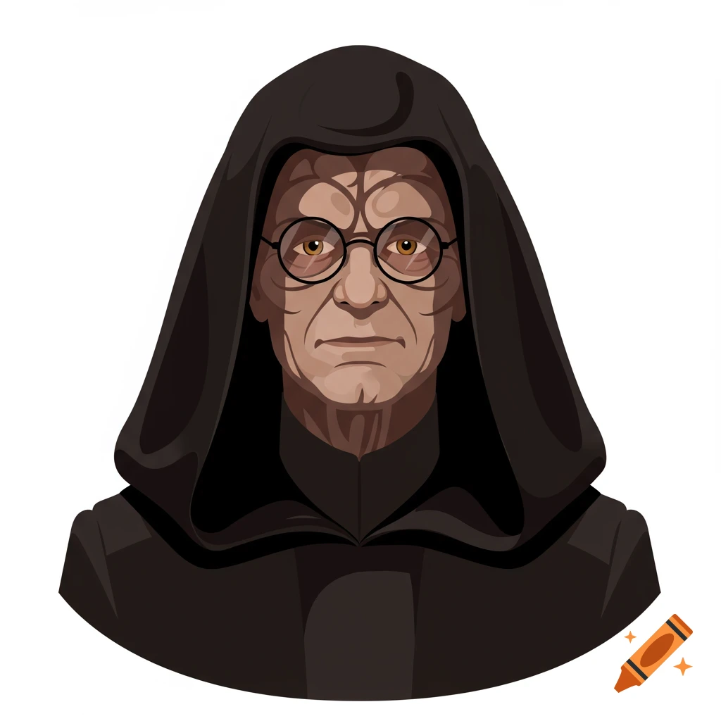A vector art illustration of an old man resembling Emperor Palpatine wearing a dark hooded robe and round glasses.