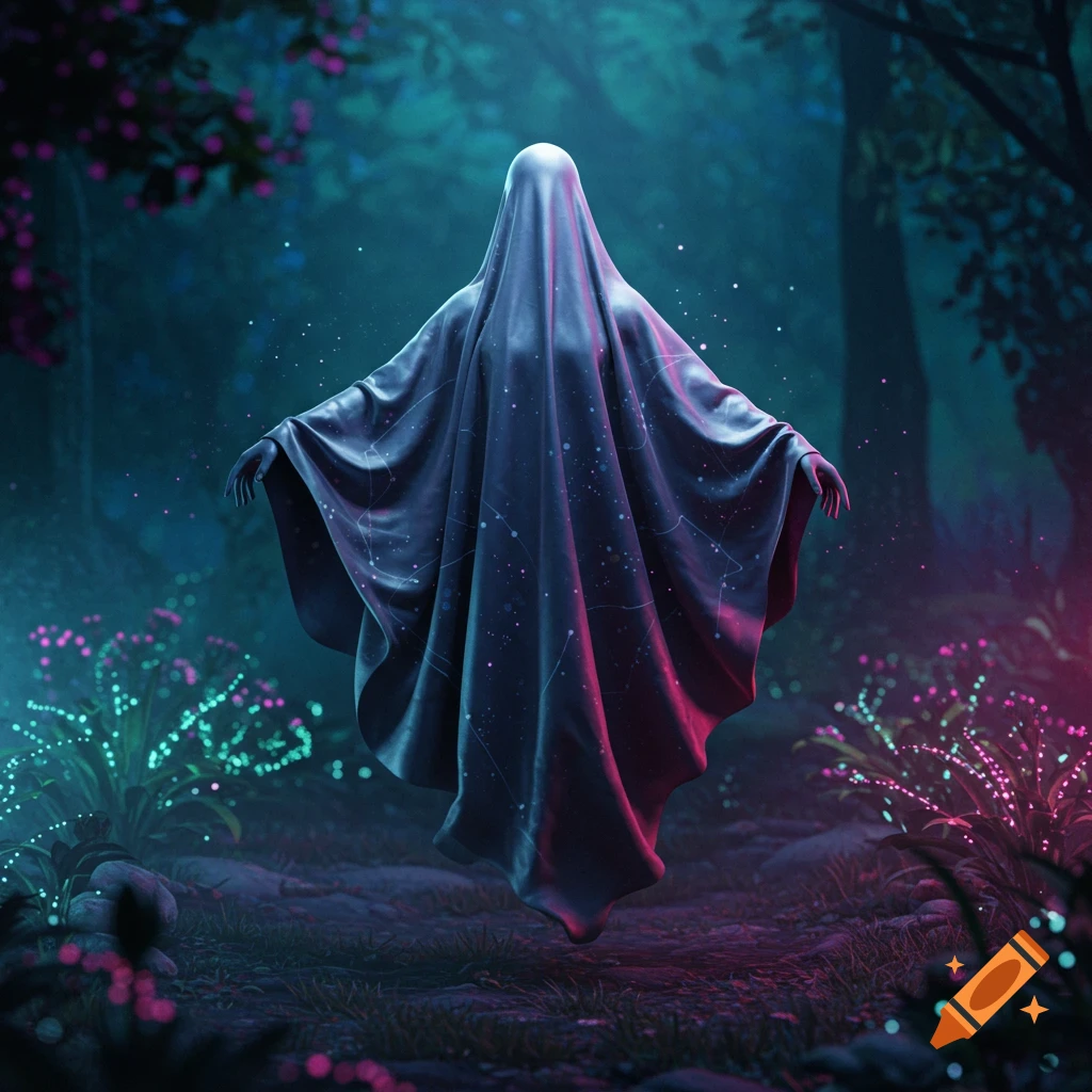 A mysterious cloaked figure, patterned with stars, floats in a dark, ethereal forest illuminated by glowing pink and blue plants.