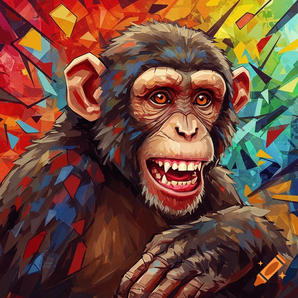 A colorful cubist-style portrait of a wide-eyed, grinning chimpanzee against a vibrant background of fragmented, geometric shapes.