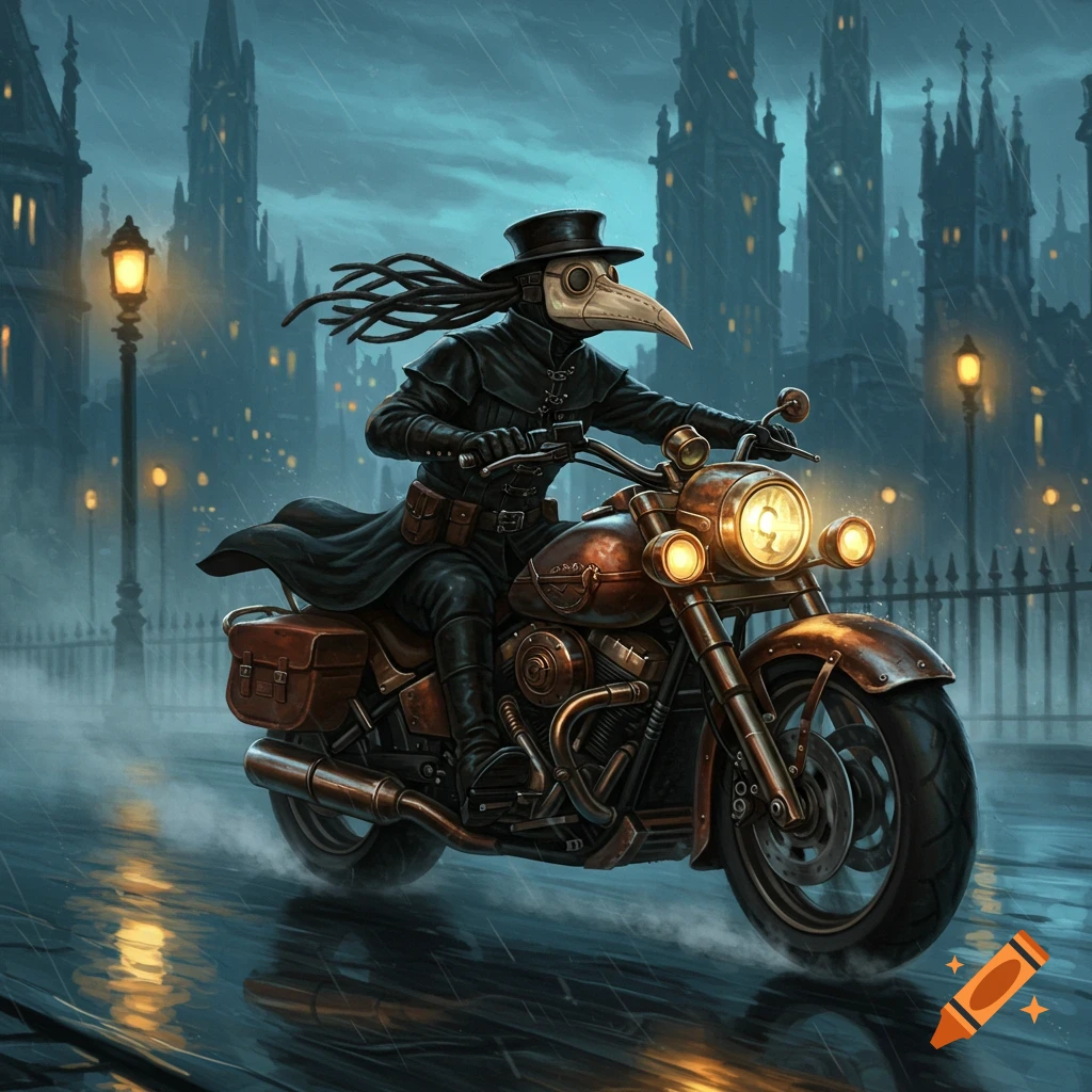 A plague doctor wearing a black coat and a hat with dreadlocks rides a steampunk-style motorcycle down a rainy city street at night.