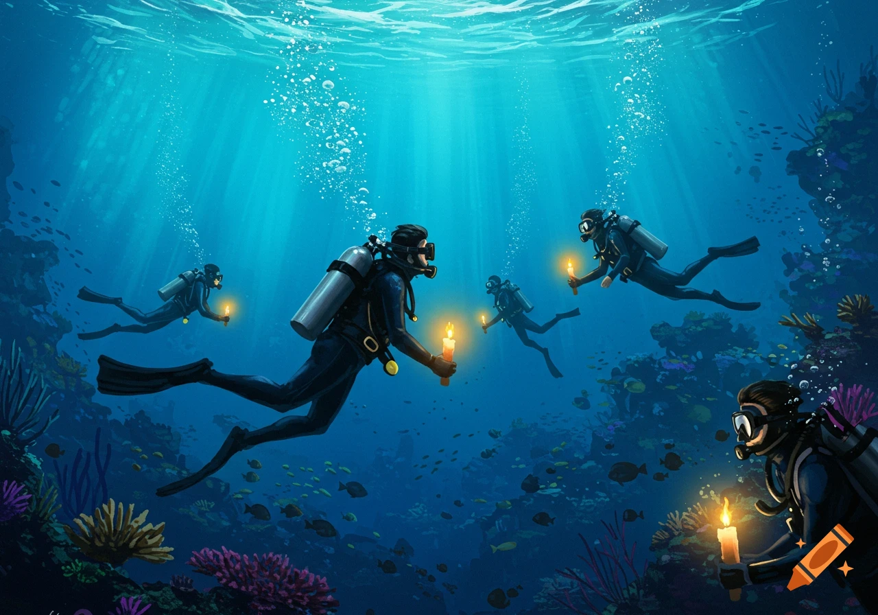 Scuba divers with lit candles explore a vibrant coral reef in clear blue ocean water, with sunlight streaming from the surface.
