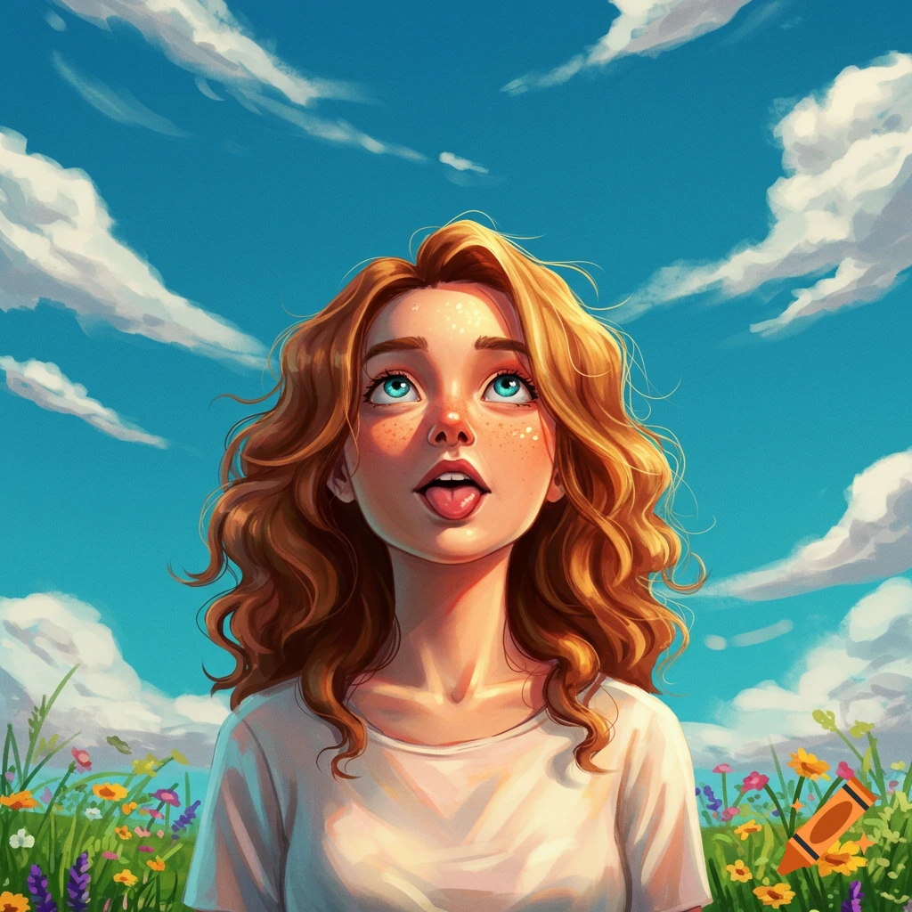 A cartoon-style illustration of a young woman with red hair and freckles looking up at the blue sky with clouds, her tongue out, standing in a field of colorful flowers.